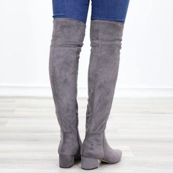 Pointy Toe Over The Knee Gray Boots Faux Suede - Picture 5 of 12